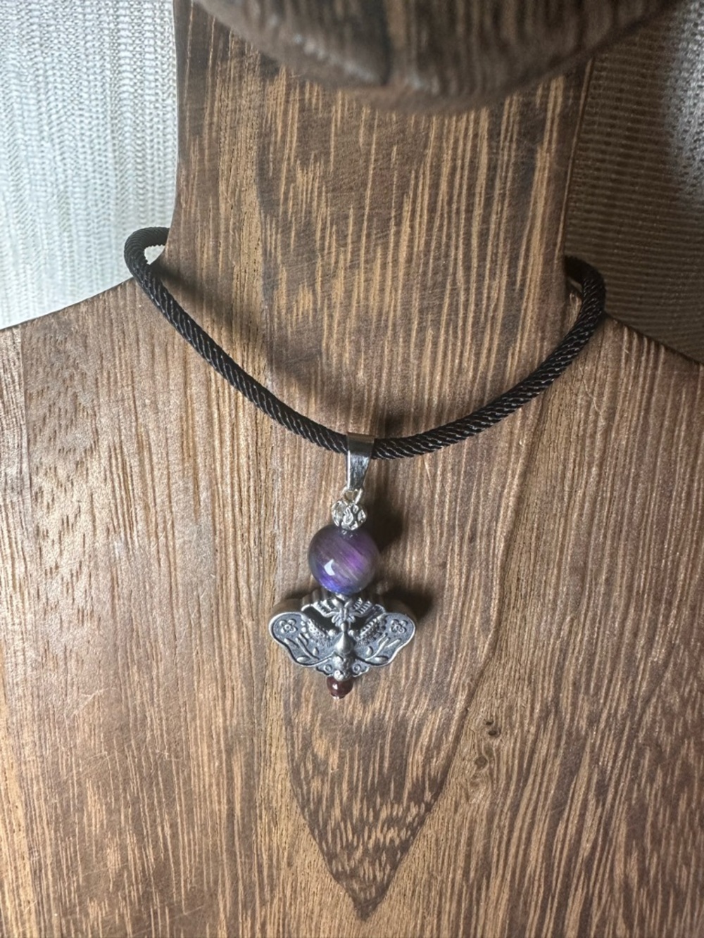Silver Moth Charm Pendant Necklace with Garnet and Mystic Tiger’s Eye on Rope - Picture 9 of 12